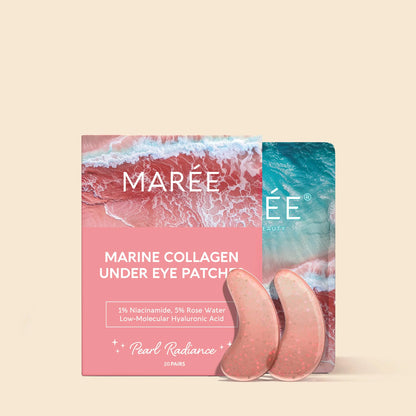 Pink eye patches by Maree designed to reduce puffiness around the eyes, shown in a close-up image of the product packaging.