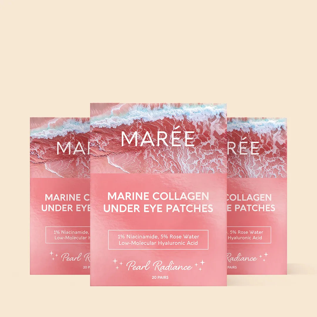 Pink eye patches for puffy eyes by Maree, showing soothing gel patches designed to reduce puffiness and refresh the eye area.