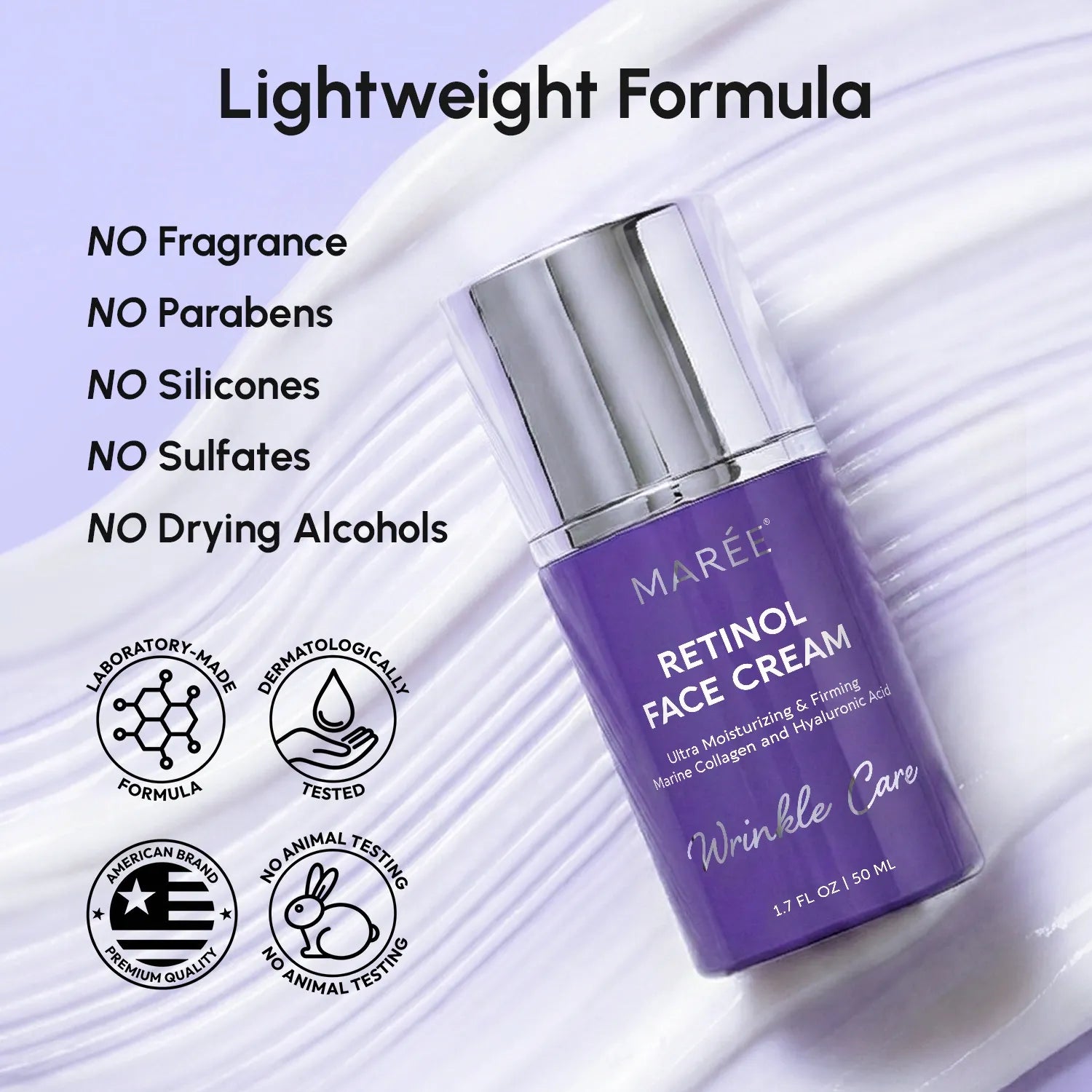 Maree Retinol Lifting & Firming Face Cream jar with label, smooth cream visible, designed for skincare and anti-aging benefits.
