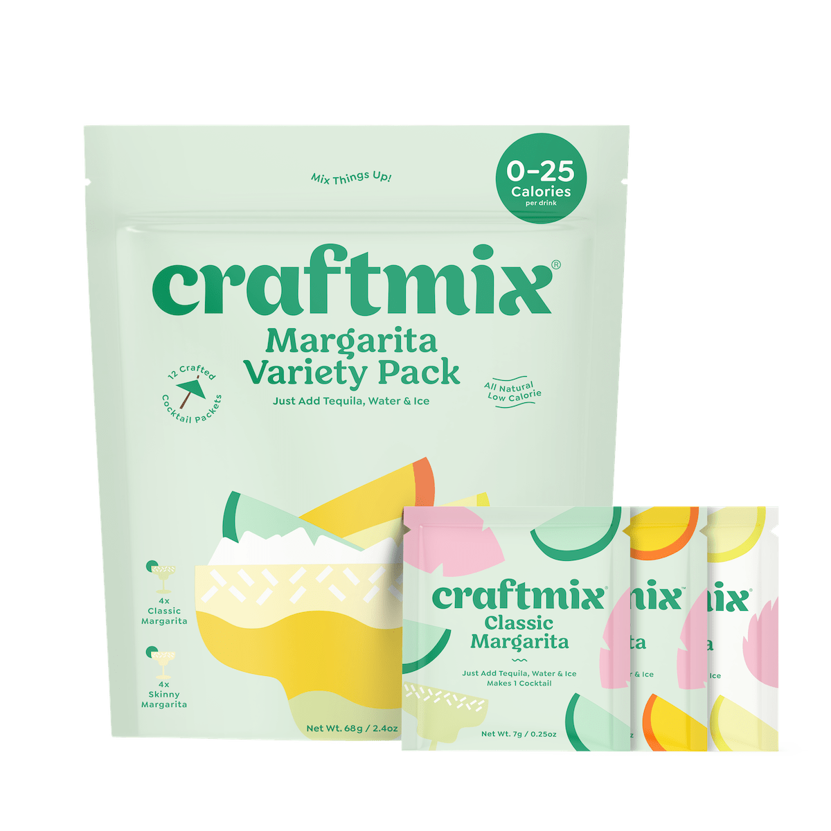 Assorted Craftmix Margarita cocktail mix variety pack with colorful flavor packets and packaging.