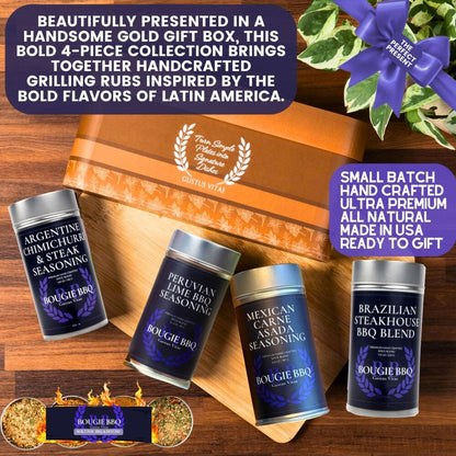 Gustus Vitae Master Asador Latin BBQ Rubs and Steak Seasonings gift set with four flavorful spice blends in colorful containers.