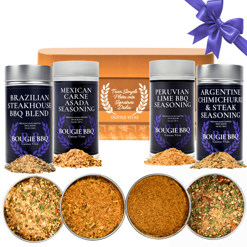 Gustus Vitae Master Asador Latin BBQ rubs and steak seasonings gift set with four flavorful spice blends in colorful jars.