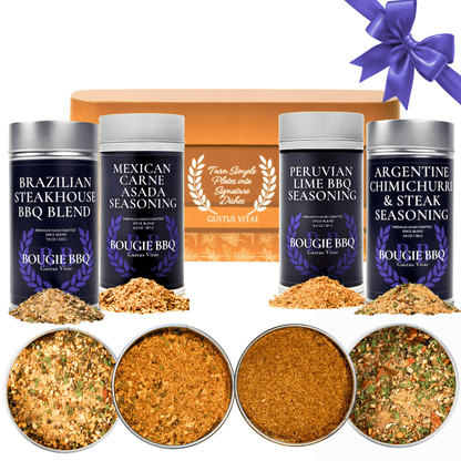 Gustus Vitae Master Asador Latin BBQ rubs and steak seasonings gift set with four flavorful spice blends in colorful jars.