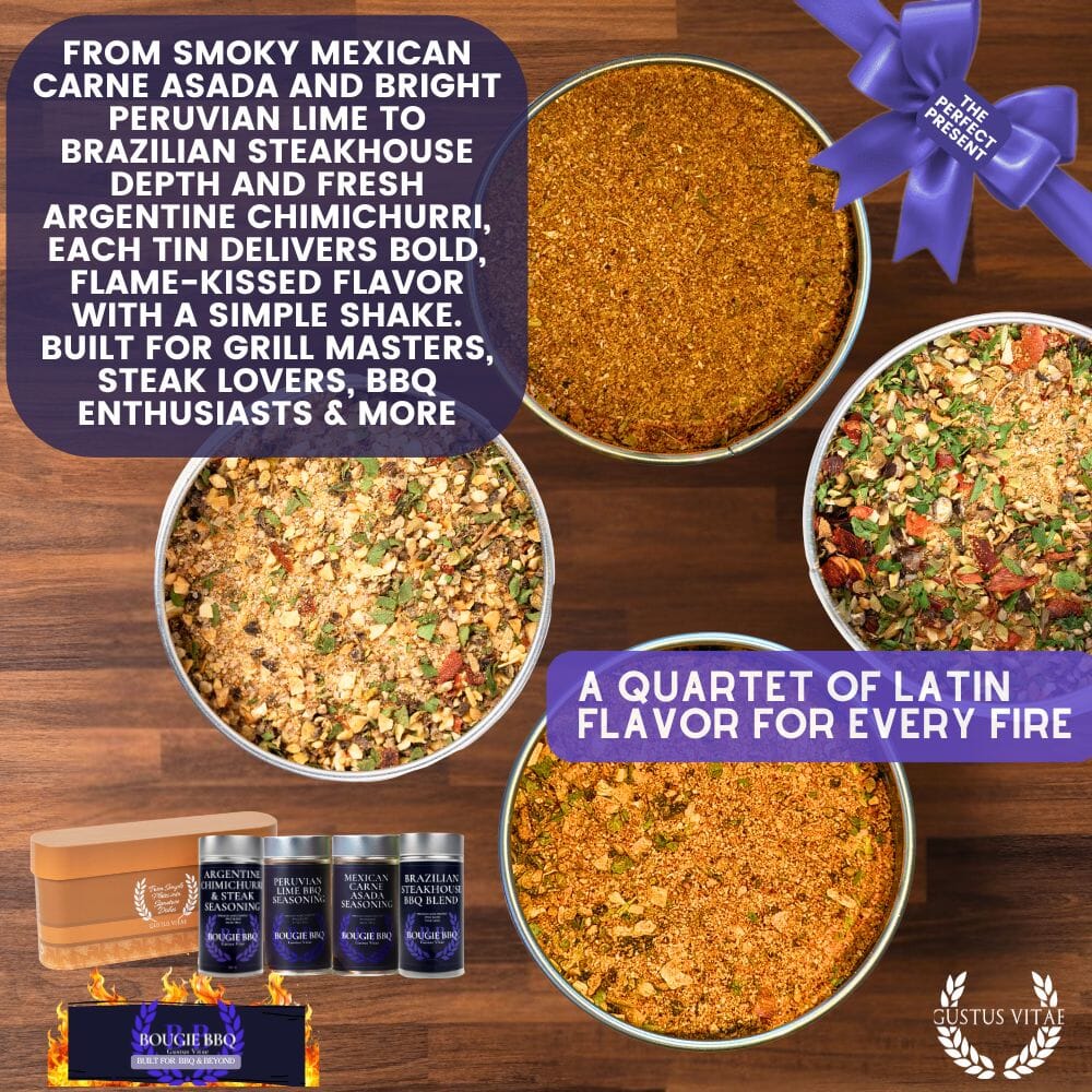 Master Asador Latin BBQ rubs and steak seasonings gift set by Gustus Vitae, featuring four flavorful spice blends in a collection.