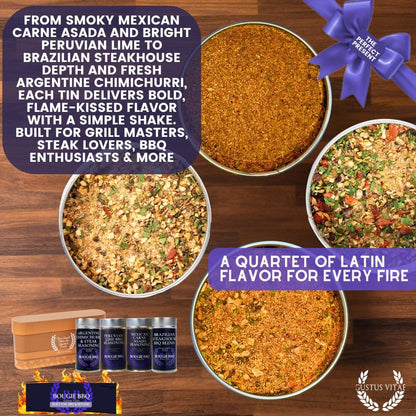 Master Asador Latin BBQ rubs and steak seasonings gift set by Gustus Vitae, featuring four flavorful spice blends in a collection.