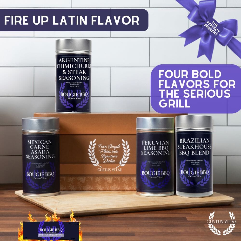 Gustus Vitae Master Asador Latin BBQ rubs and steak seasonings gift set, featuring four flavorful spice blends in a collection.