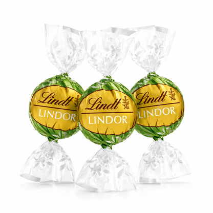 Lindt LINDOR Matcha White Chocolate Truffles in a bulk value bag, showcasing smooth white chocolates with matcha green accents.