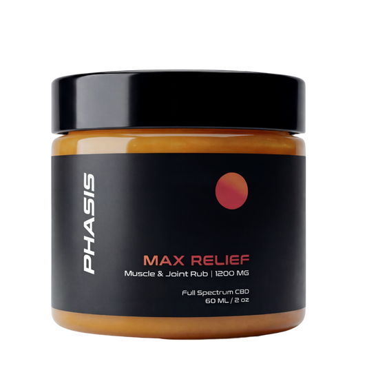 PHASIS Max Relief Balm in a 60ml bottle, featuring a white and blue label with product name and brand logo visible on the packaging.