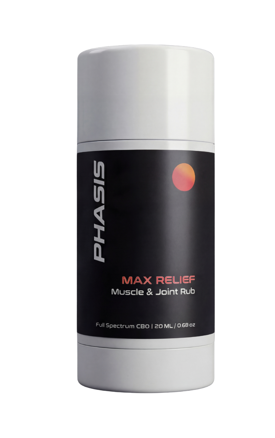 PHASIS Max Relief Balm in a 20ml tube, with the balm visible showing its smooth, soothing texture.
