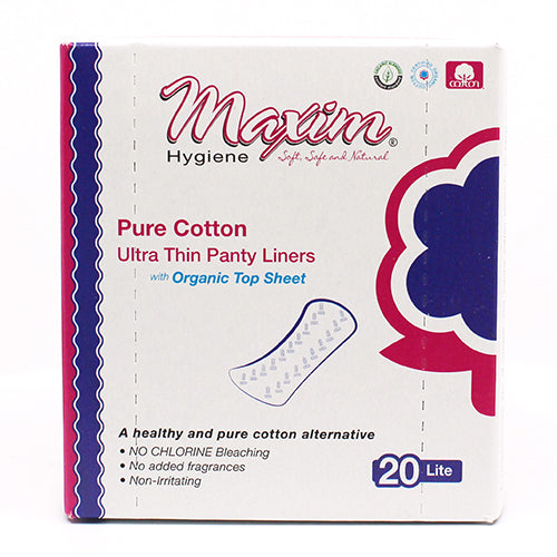Maxim Natural Organic Cotton Ultra Thin Panty Liners from Pasteur Pharmacy, 20-count, soft, breathable feminine protection.