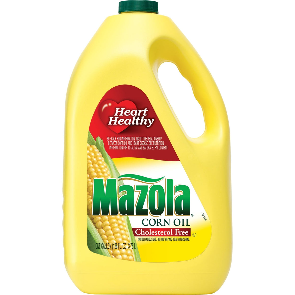 Mazola Corn Oil in a 1-gallon bottle, clear golden liquid, with a label displaying the Mazola brand name and product details.