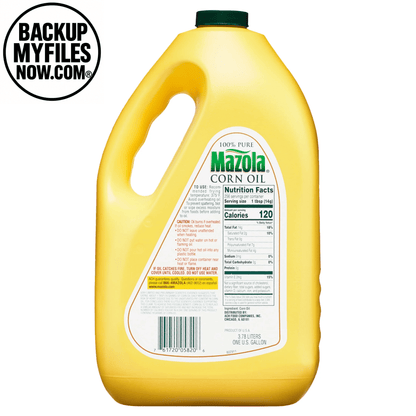 Mazola Corn Oil in a 1-gallon plastic bottle with a yellow cap, labeled for cooking and frying.