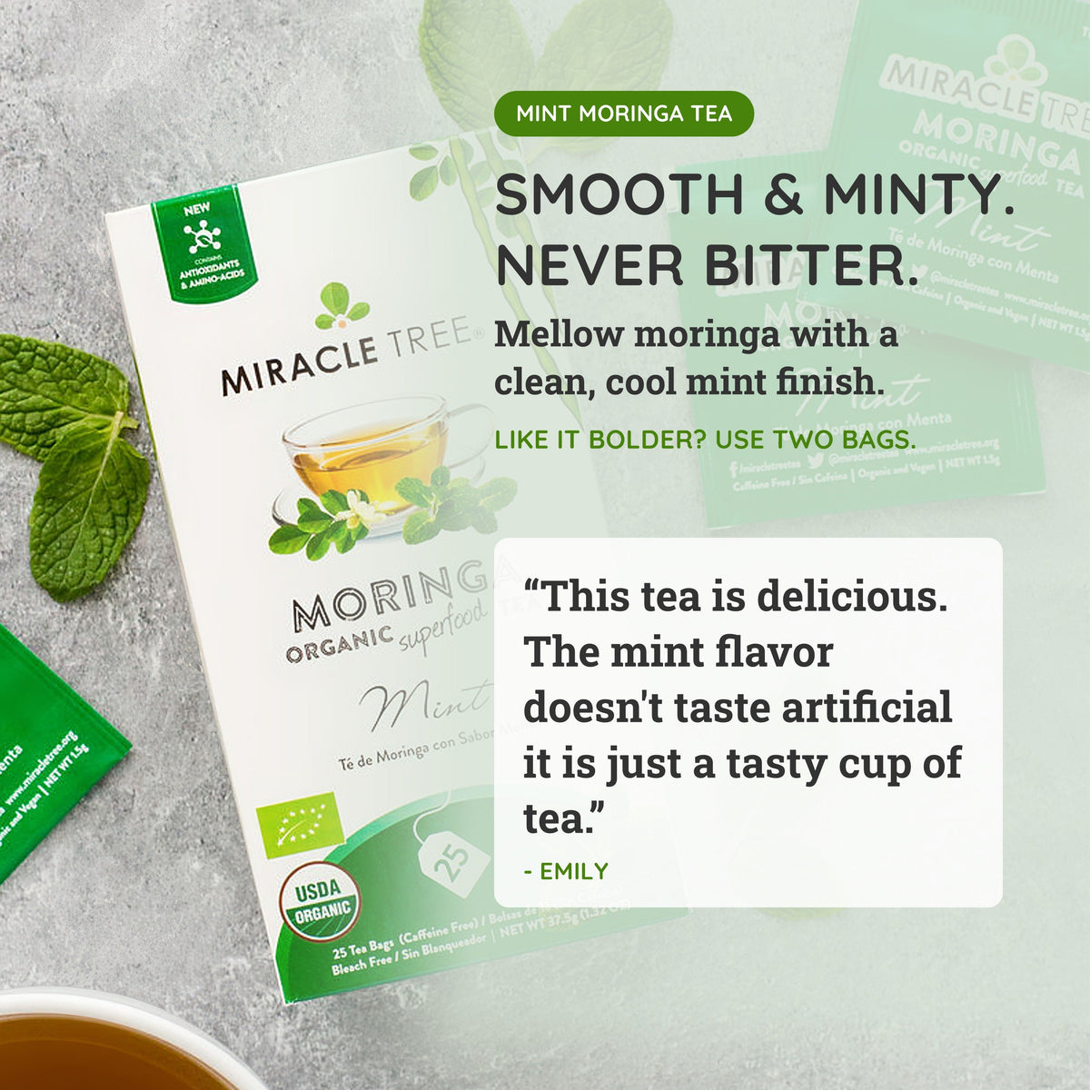 Organic Moringa Tea with mint from Miracle Tree, caffeine-free herbal tea in a clear glass cup with fresh mint leaves.