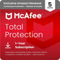 McAfee Total Protection 5-Device antivirus software backup for Windows and Mac, with AI scam detection and VPN features.