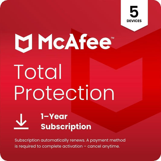 McAfee Total Protection 5-Device backup software for Windows and Mac, includes antivirus, VPN, password manager, and identity monitoring.