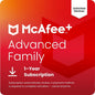 McAfee Advanced Family Unlimited Devices antivirus backup software for Windows and Mac with AI scam detection, VPN, and ID monitoring.