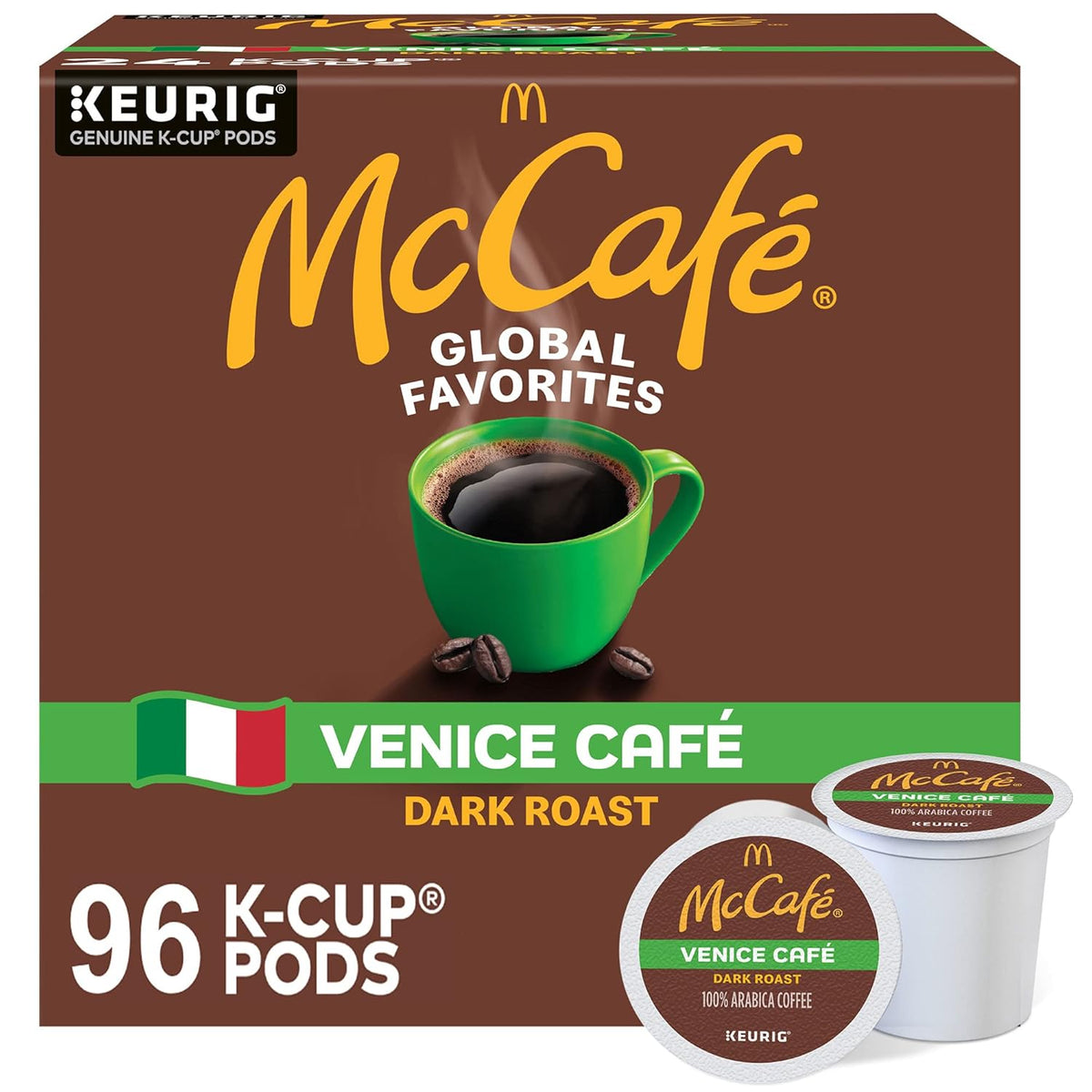 Six packs of McCafe French Roast dark roast coffee K-Cup pods for Keurig, 96 single serve coffee pods in total.