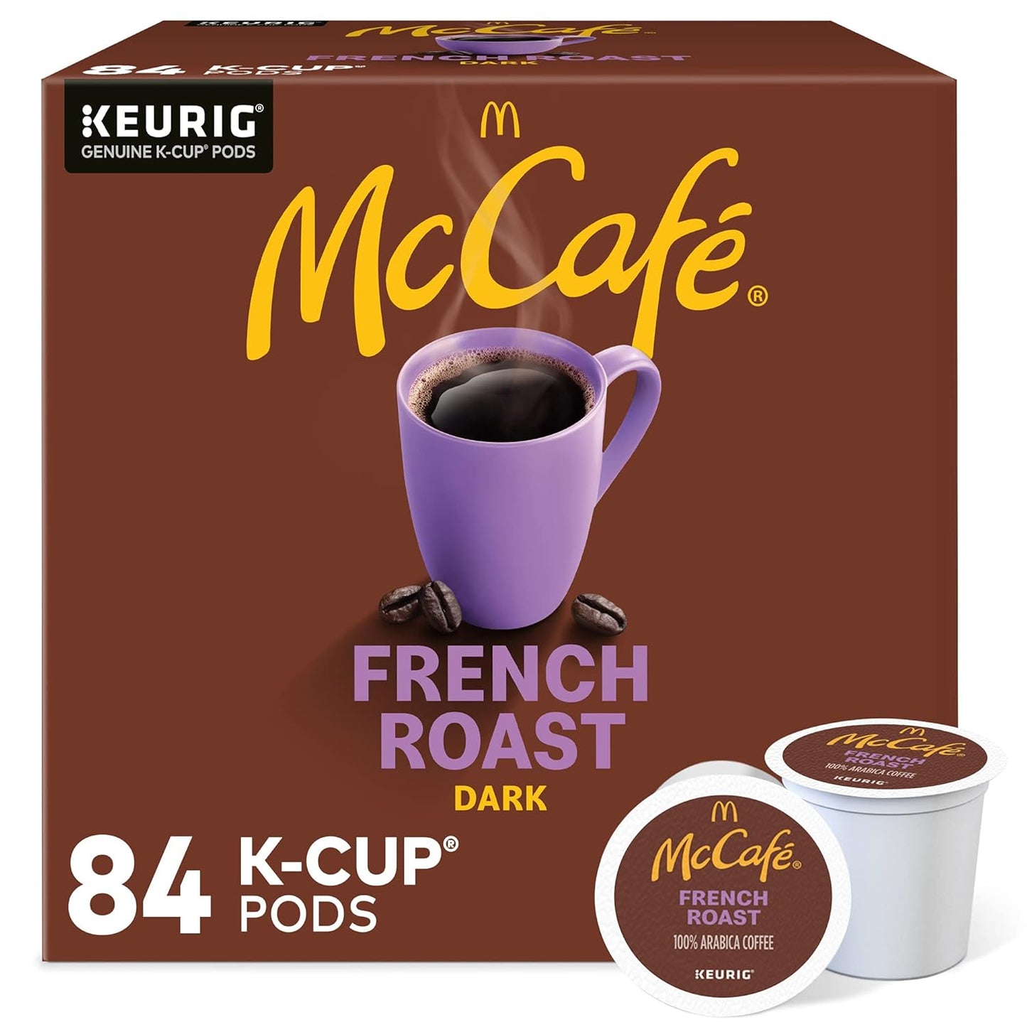Six packs of McCafe French Roast dark roast coffee Keurig K-Cup pods, 96 count, single serve coffee pods for Keurig machines.
