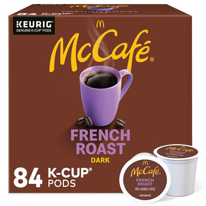 Six packs of McCafe French Roast dark roast coffee Keurig K-Cup pods, 96 count, single serve coffee pods for Keurig machines.