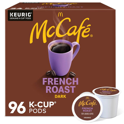 Six packs of McCafe French Roast dark roast K-Cup coffee pods for Keurig, 96 count, with 4 packs of 24 pods each.