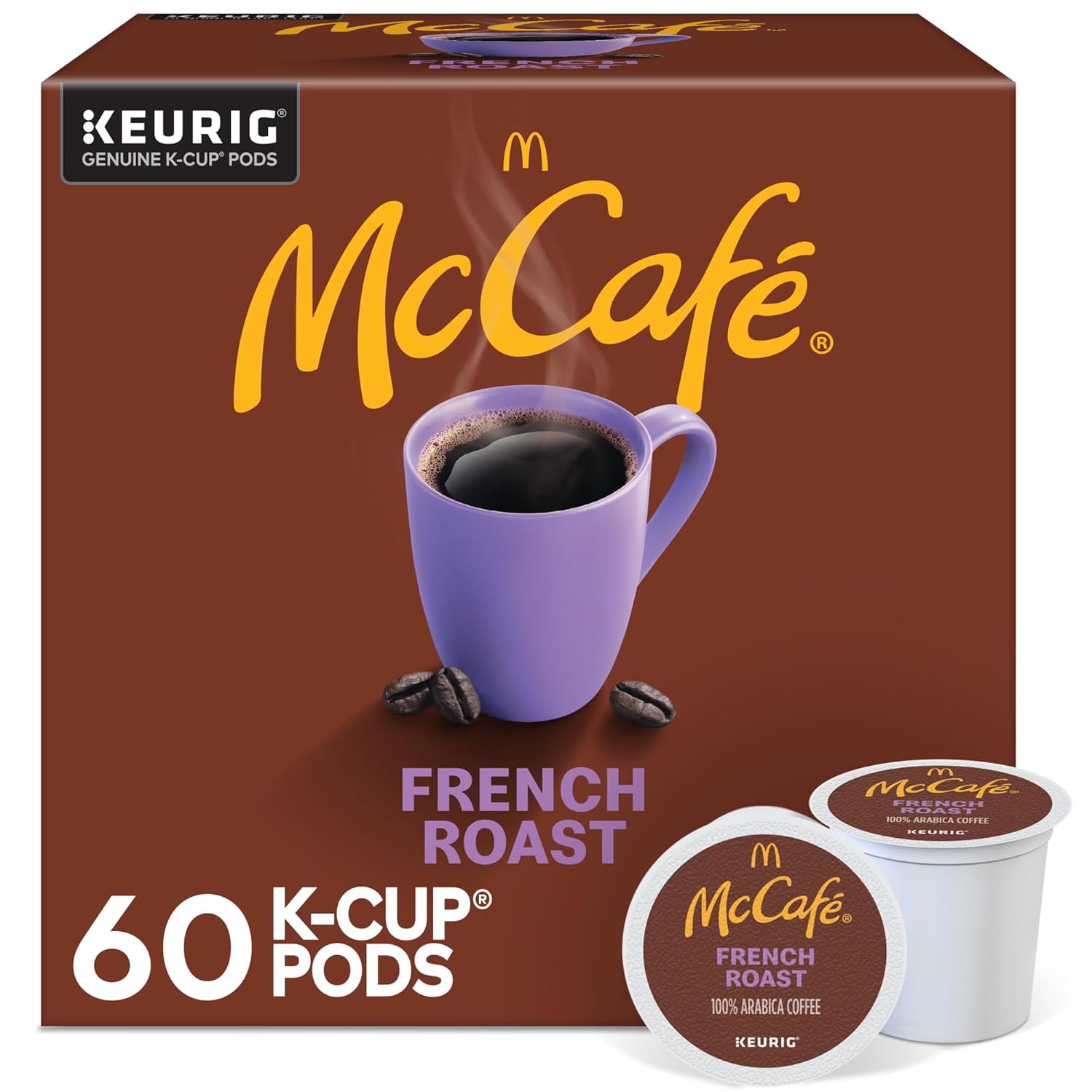 Six packs of McCafe French Roast dark roast coffee K-Cup pods for Keurig, 96 single serve coffee pods in total.