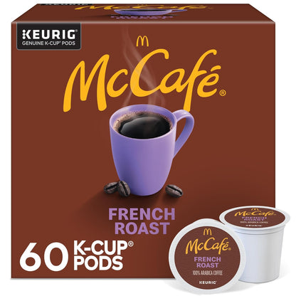 Six packs of McCafe French Roast dark roast coffee K-Cup pods for Keurig, 96 single serve coffee pods in total.