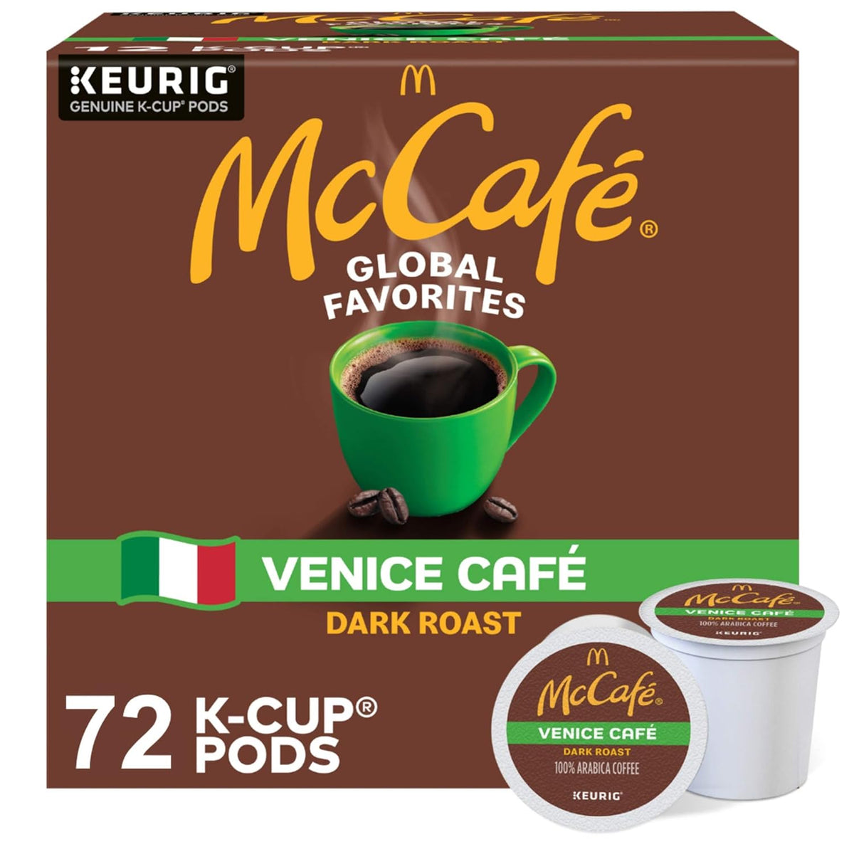 Six packs of McCafe French Roast Keurig K-Cup pods, dark roast single-serve coffee in 96-count pack for Keurig machines.