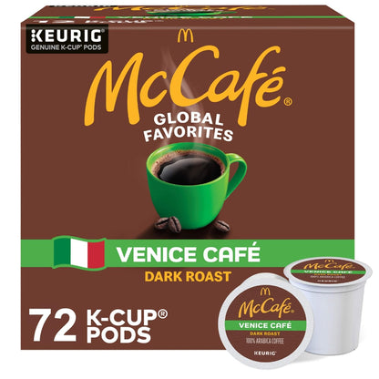 Six packs of McCafe French Roast Keurig K-Cup pods, dark roast single-serve coffee in 96-count pack for Keurig machines.