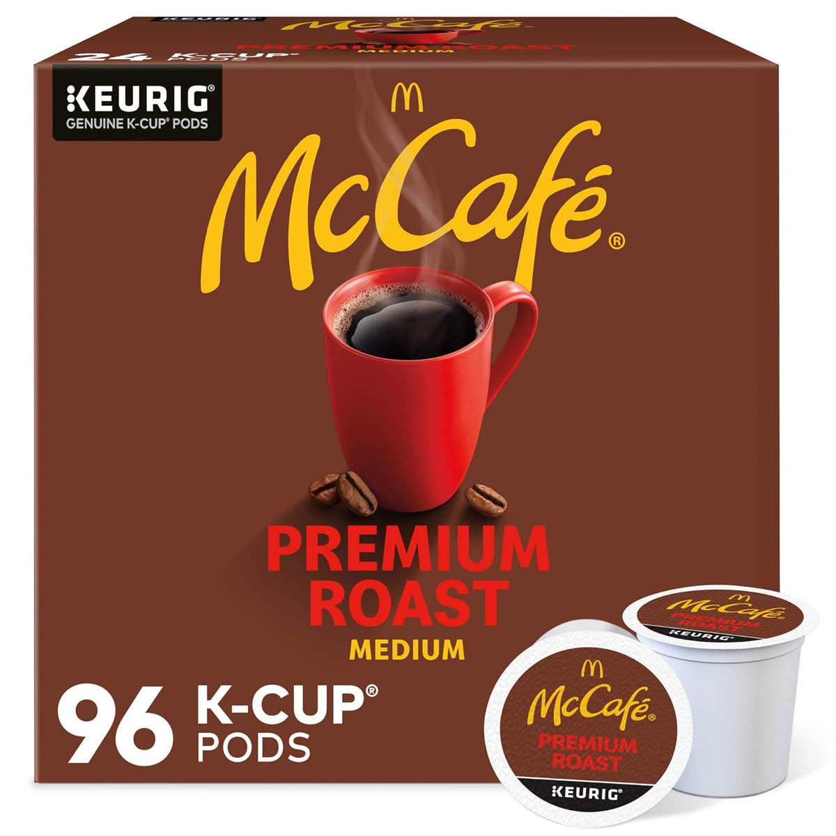McCafe Premium Roast Coffee Keurig K-Cup pods, medium roast, 96-count pack with Paris café-themed packaging and individual pods.