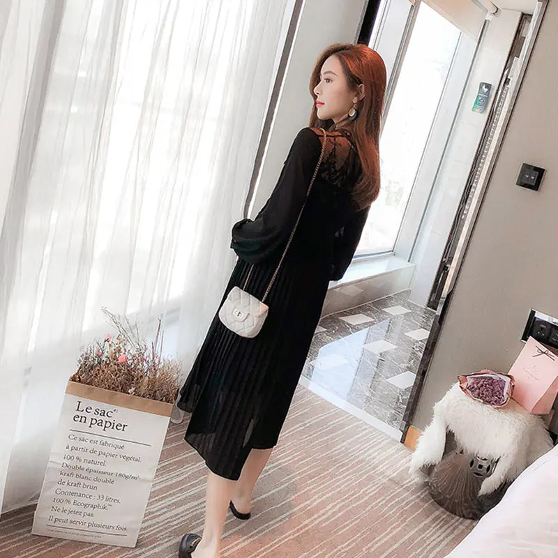 Chic Maternity Dress - Long Sleeve Pleated Chiffon