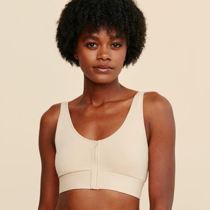 Beige Meadow Wilderness front-closure cotton bralette with soft fabric and adjustable straps, displayed on a plain background.