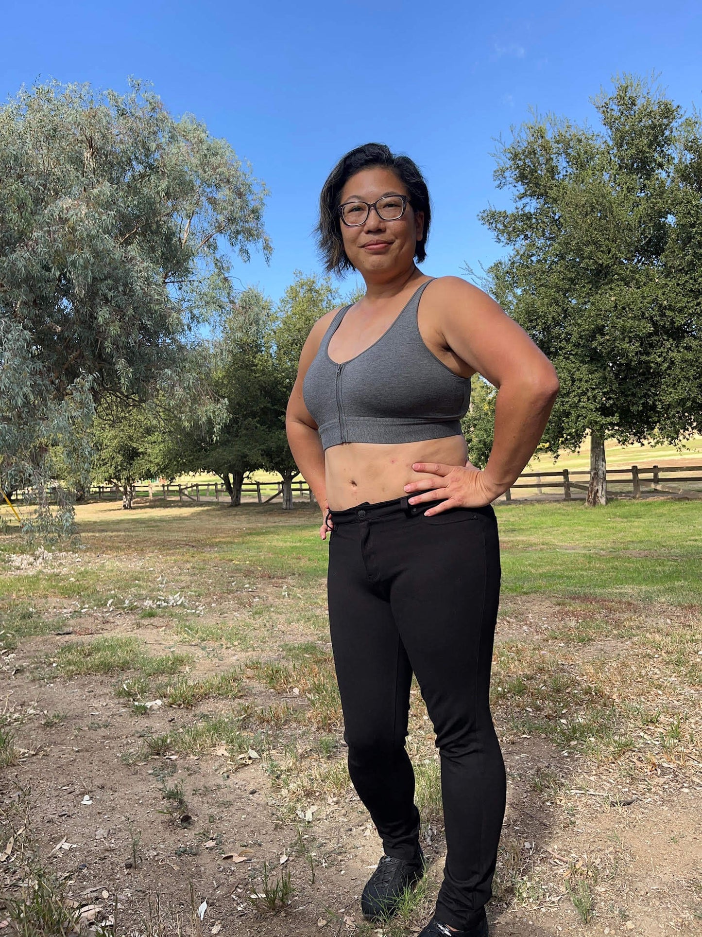 Grey Meadow Wilderness front-closure cotton bralette with soft fabric and adjustable straps, shown on a model.