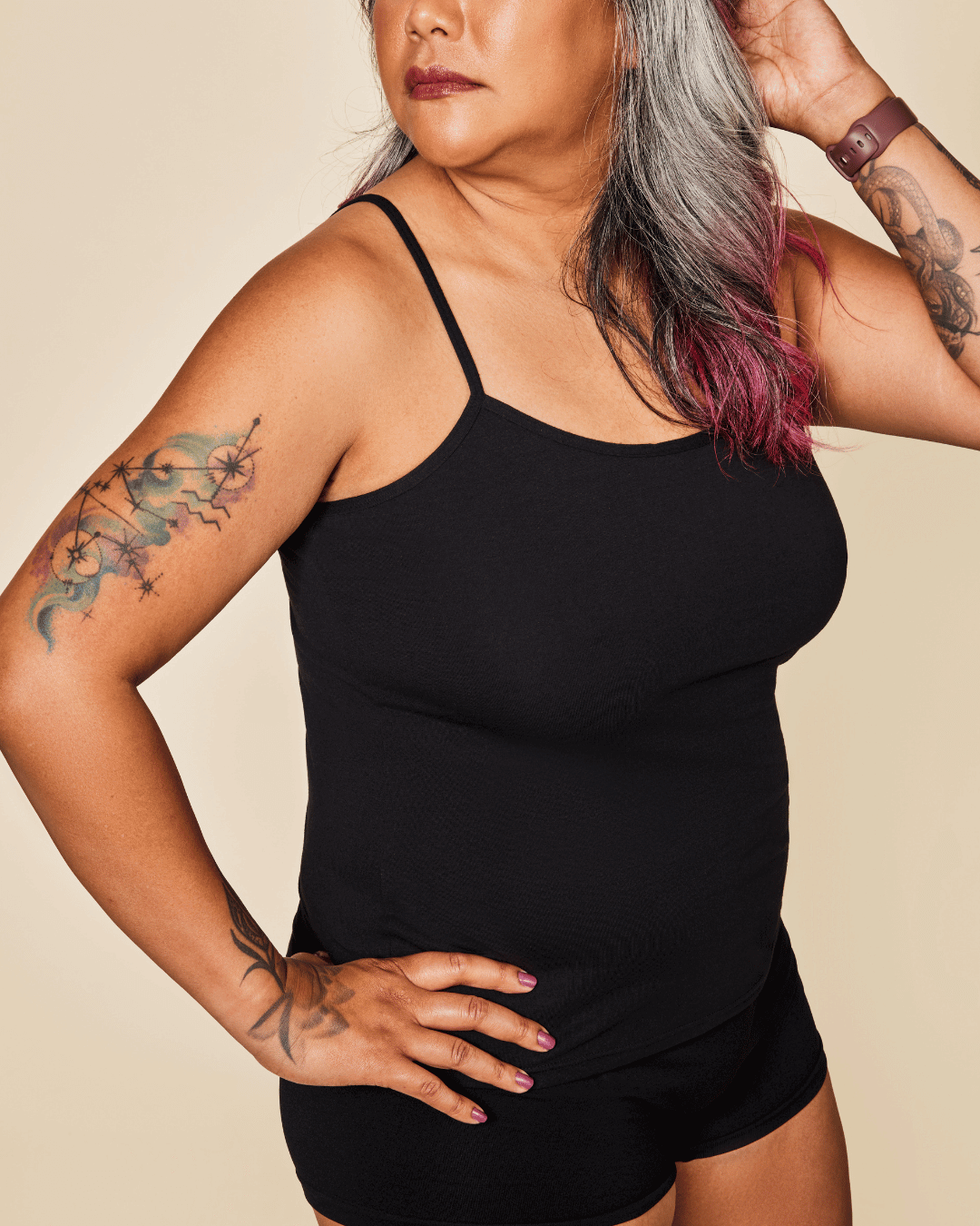 Black Meadow Luna cotton cami sports bra with adjustable straps and supportive design, suitable for active wear.