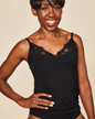 Black Meadow Luna Lace cotton cami sports bra with lace detail, small size, designed for comfortable active wear.