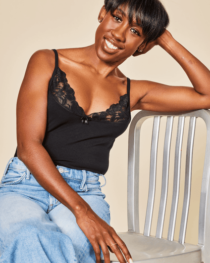 Black Meadow Luna Lace cotton cami sports bra with lace detail, small size, designed for comfortable activewear.
