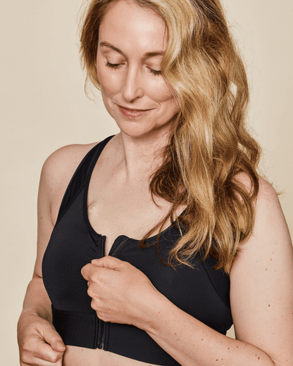 Black Meadow Hero front-closure sports bra with supportive design and adjustable straps, ideal for active wear and exercise.