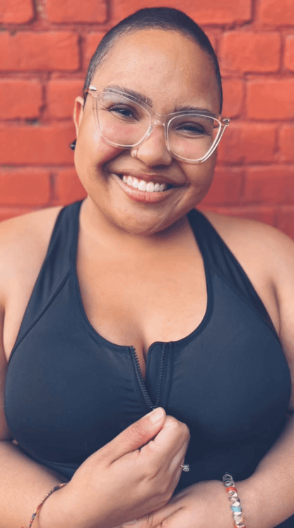 Black Meadow Hero front-closure sports bra featuring supportive design and adjustable straps, ideal for active wear.
