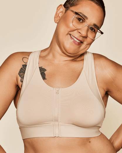 Meadow Hero front-closure sports bra in buff color, close-up view of supportive design and front clasp for comfortable fit.
