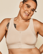 Meadow Hero front-closure sports bra in buff color, close-up view of supportive design and front clasp for comfortable fit.