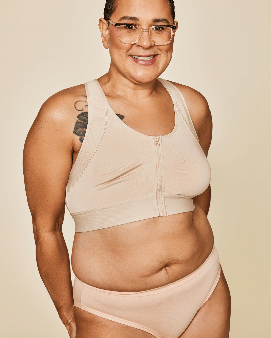 Meadow Hero front-closure sports bra in buff color, supportive athletic bra with front closure and breathable fabric.