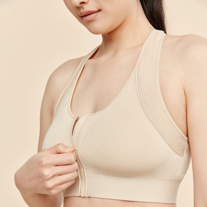 Meadow Hero front-closure sports bra in buff color, supportive athletic bra with front closure and breathable fabric.