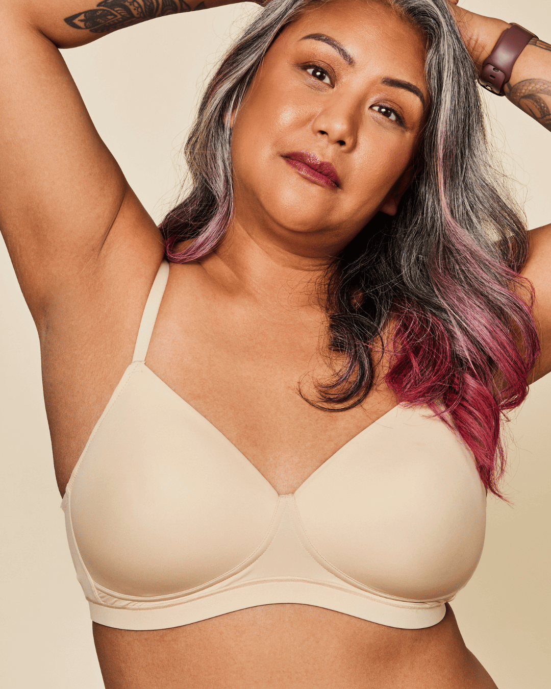 Meadow Moonrise Pocketed T-Shirt Bra in Buff, seamless and comfortable under clothing, with supportive cups and smooth fabric.