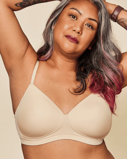 Meadow Moonrise Pocketed T-Shirt Bra in Buff, seamless and comfortable under clothing, with supportive cups and smooth fabric.