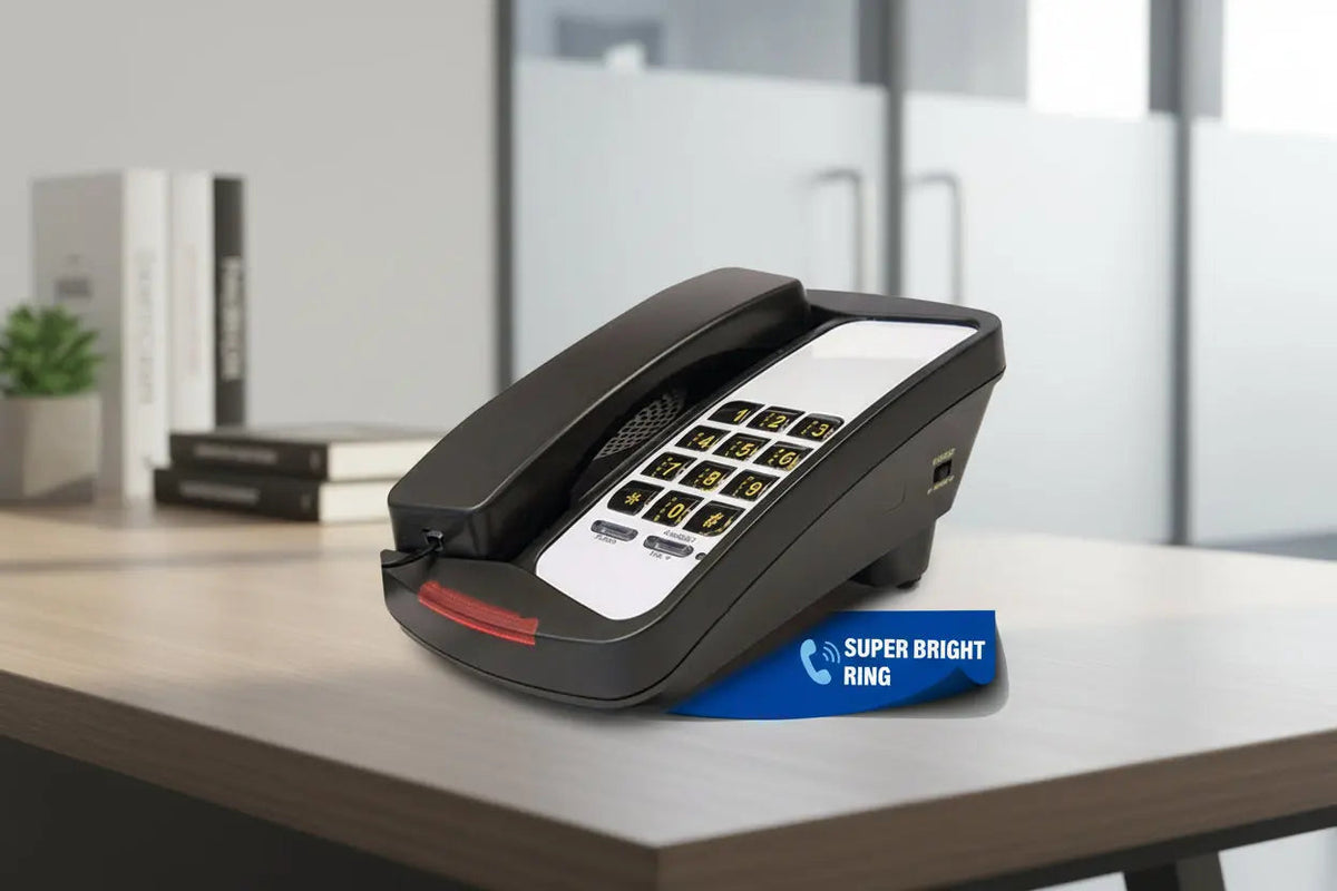Med-Pat D800 single-line analog desk phone with black finish, landline telephone for office use.