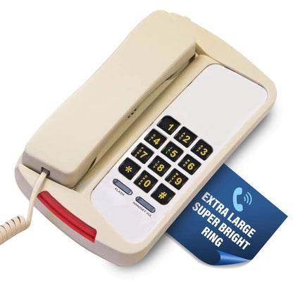 Black Med-Pat D800 single-line analog desk phone with keypad and handset for office landline communication.