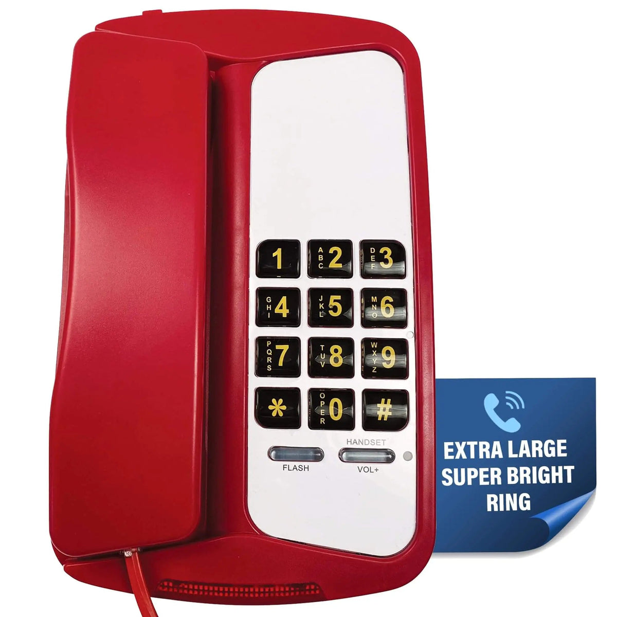 Med-Pat D800 single-line analog desk phone in black with keypad, corded handset, and classic landline design.