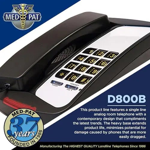 Black MedPat D800 single line analog desk phone with keypad and handset for office landline communication.