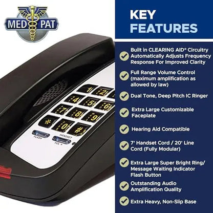 Med-Pat D800 single line analog desk phone in black with handset and keypad, ideal for office landline communication.