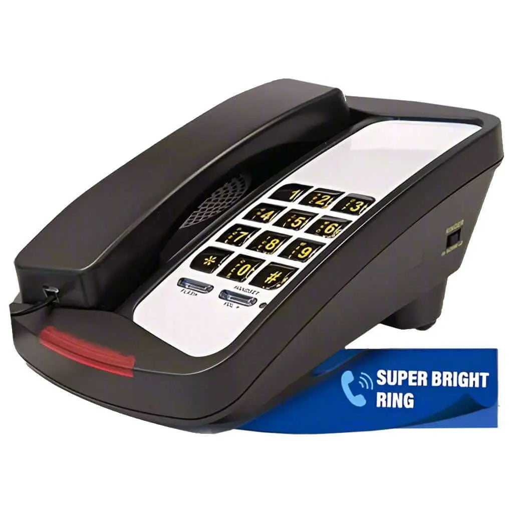 Black MedPat D800 single-line analog desk phone with keypad and handset for office landline communication.