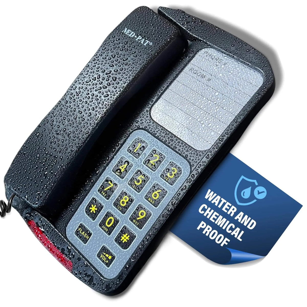 Med-Pat D8WP waterproof landline phone with oversized buttons and ring light, wall-mountable for hospitals and wet areas.
